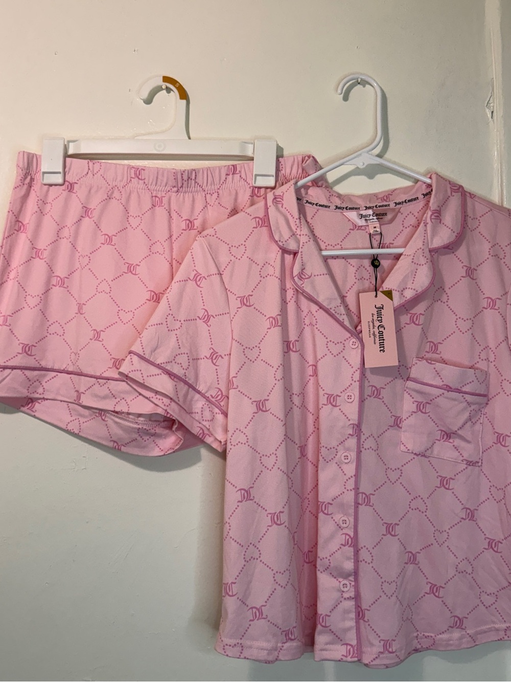 Juicy Couture Pink Heart Monogram Pajama Set NWT Short Sleeve Shorts M